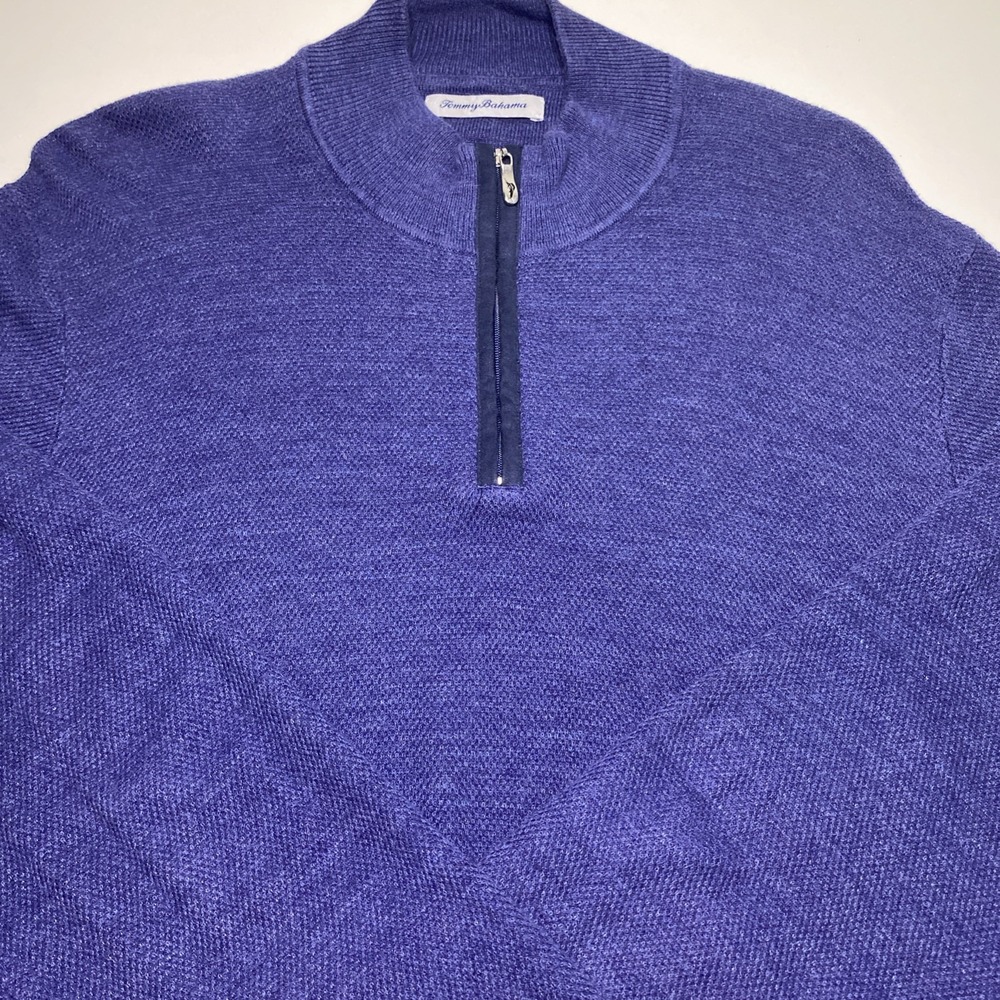 Tommy Bahama Sweater Men XL Blue Cotton Wool Blend 1/4 Zip Mock Neck Pullover